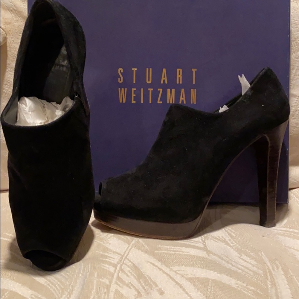 Black suede peep toe booties